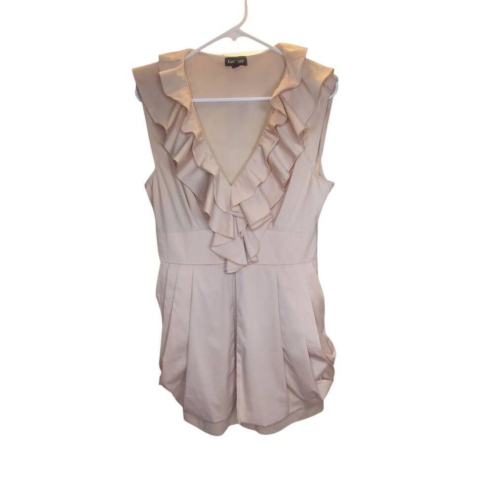Bebe Skirted Sleeveless Low Cut V Neck Mini Dress Romper in Desert Sand Size M